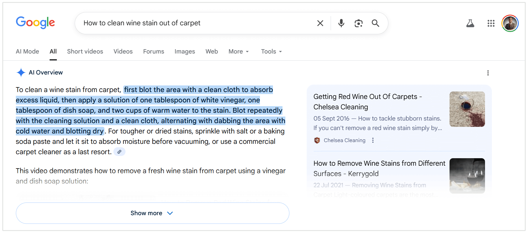 how to get wine stain out of carpet AI Overview